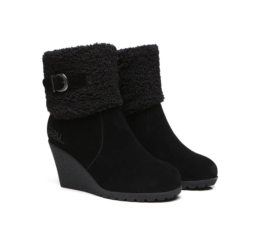 Australian Shepherd Zipper Sheepskin Shearling Wedge Fashion Boots Women Joanna