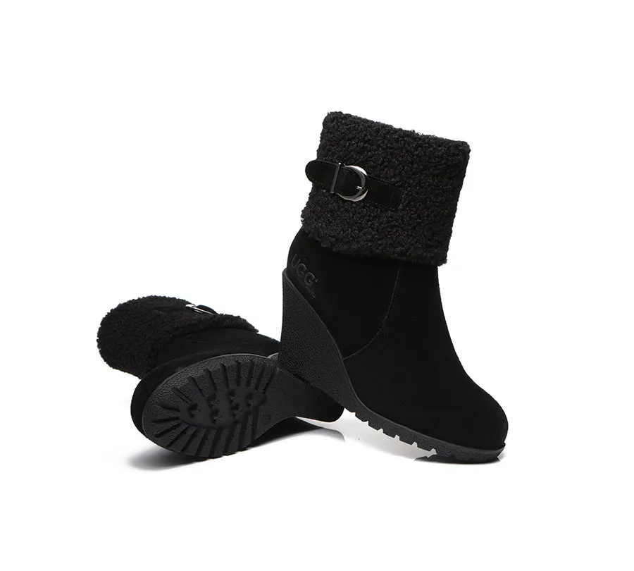 Australian Shepherd Zipper Sheepskin Shearling Wedge Fashion Boots Women Joanna