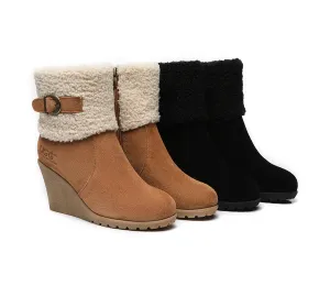 Australian Shepherd Zipper Sheepskin Shearling Wedge Fashion Boots Women Joanna