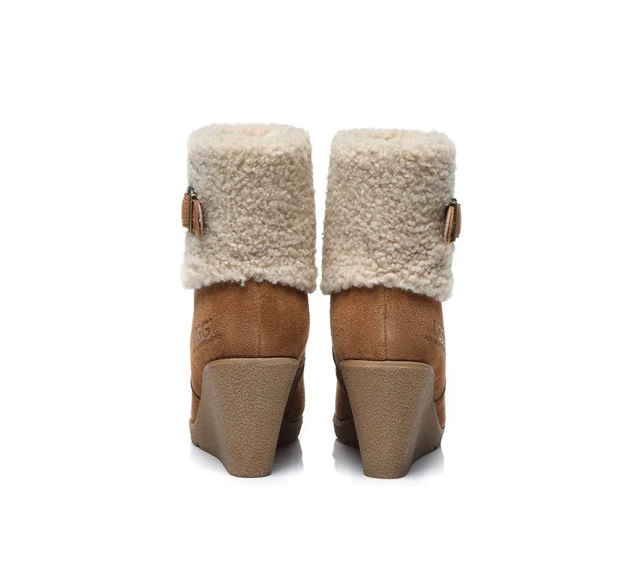 Australian Shepherd Zipper Sheepskin Shearling Wedge Fashion Boots Women Joanna