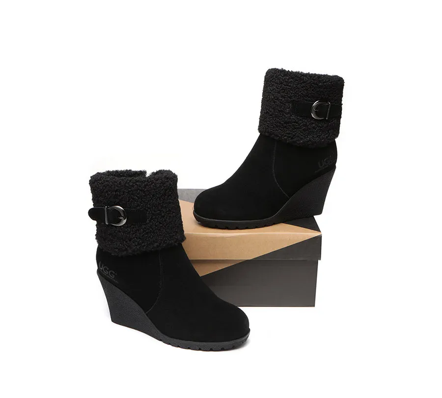 Australian Shepherd Zipper Sheepskin Shearling Wedge Fashion Boots Women Joanna