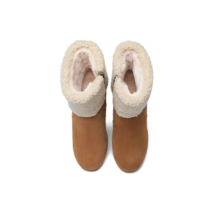 Australian Shepherd Zipper Sheepskin Shearling Wedge Fashion Boots Women Joanna