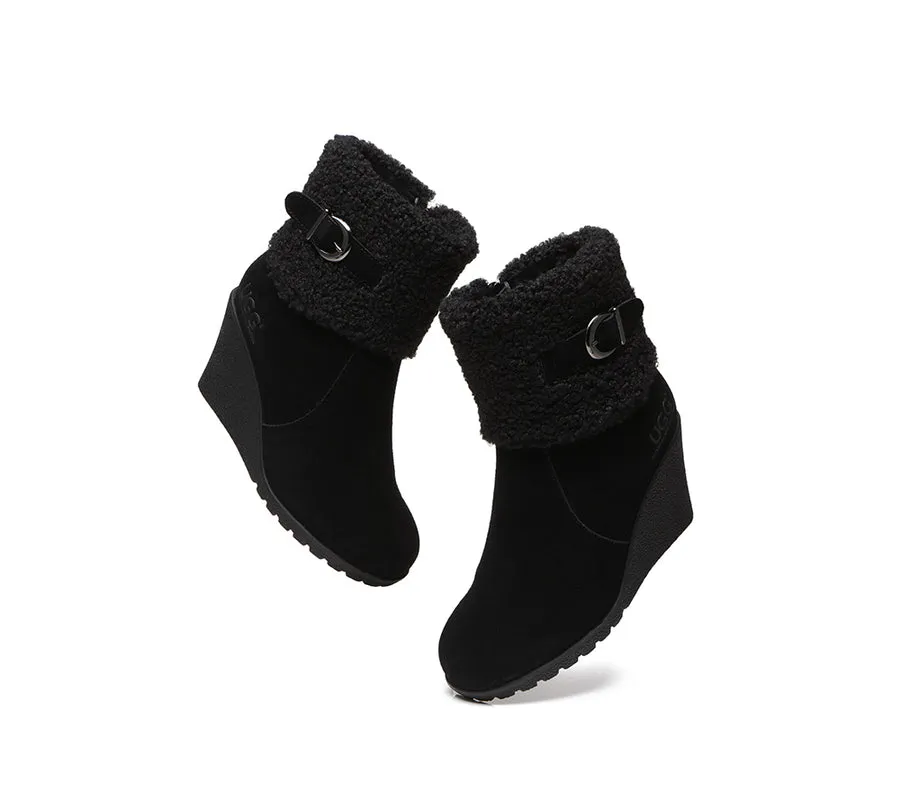 Australian Shepherd Zipper Sheepskin Shearling Wedge Fashion Boots Women Joanna