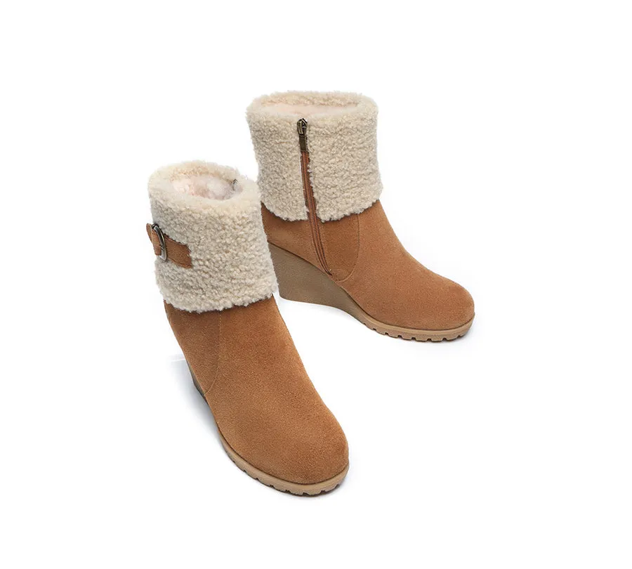 Australian Shepherd Zipper Sheepskin Shearling Wedge Fashion Boots Women Joanna
