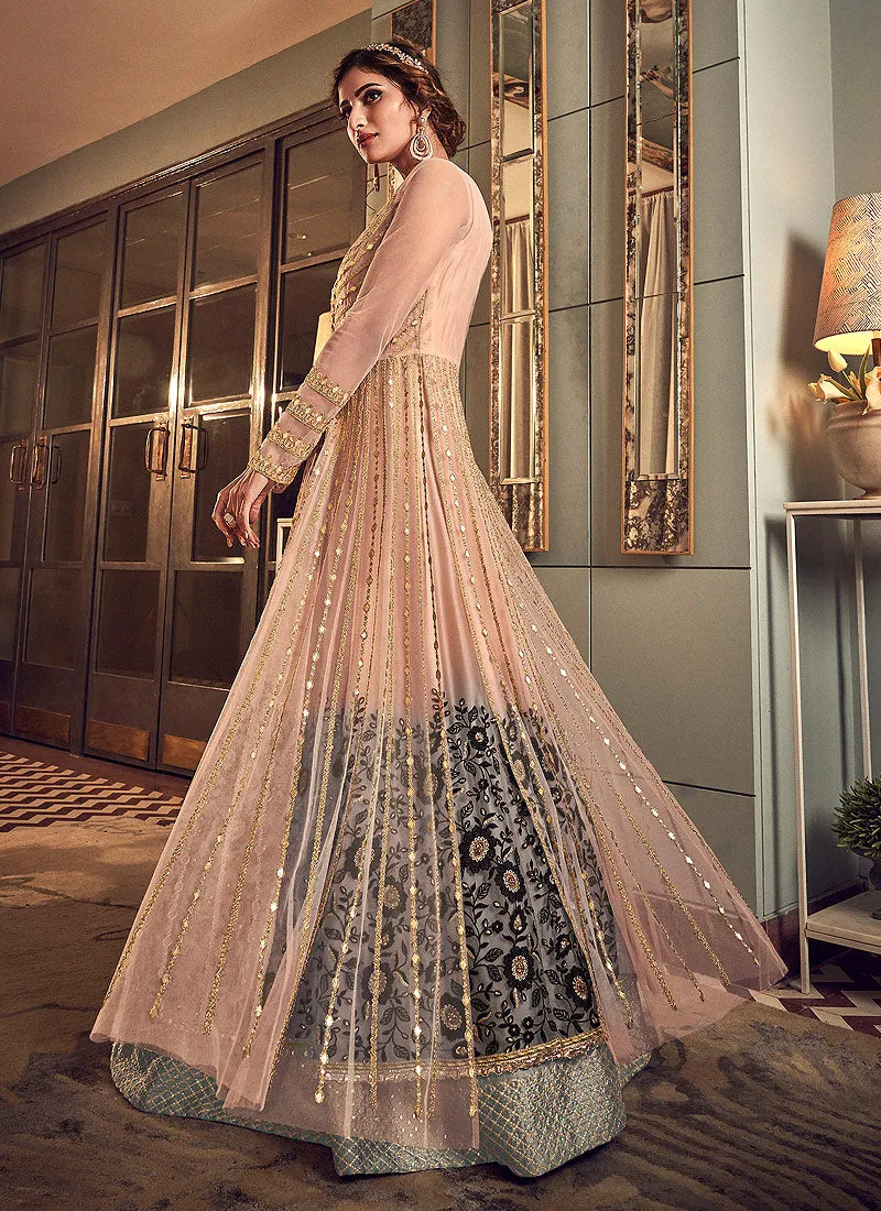 Baby Pink And Gold Designer Embroidered Anarkali Gown