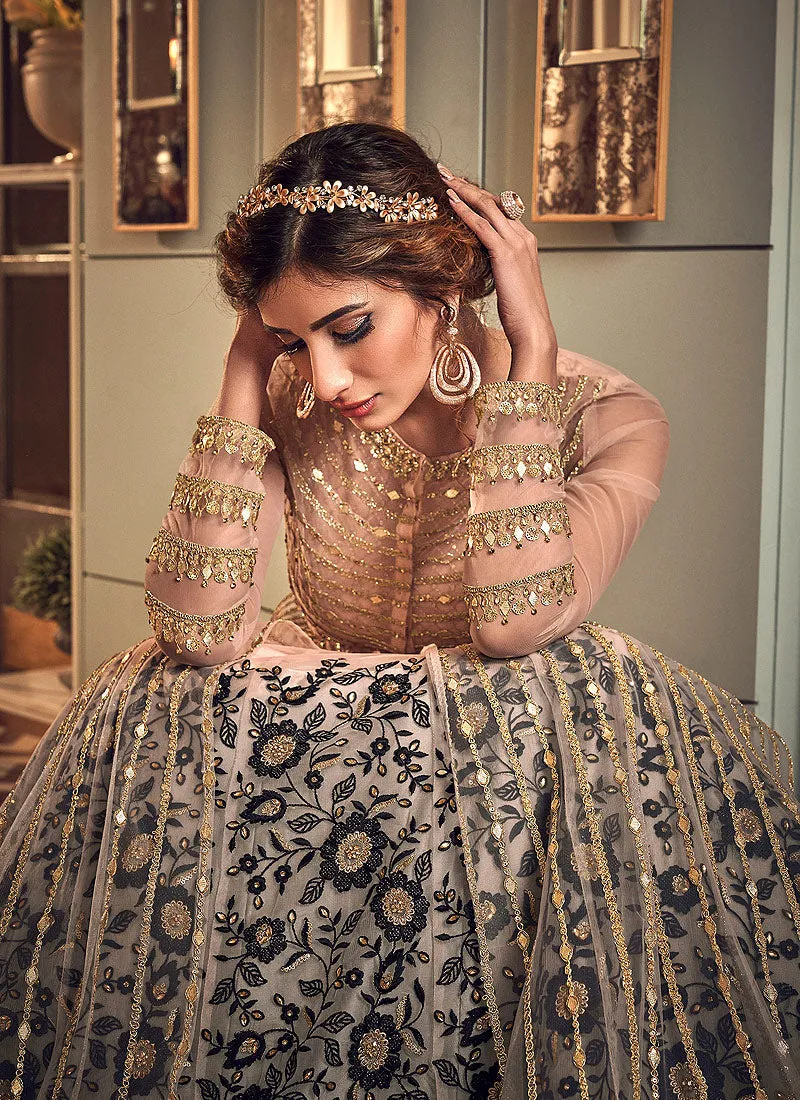 Baby Pink And Gold Designer Embroidered Anarkali Gown
