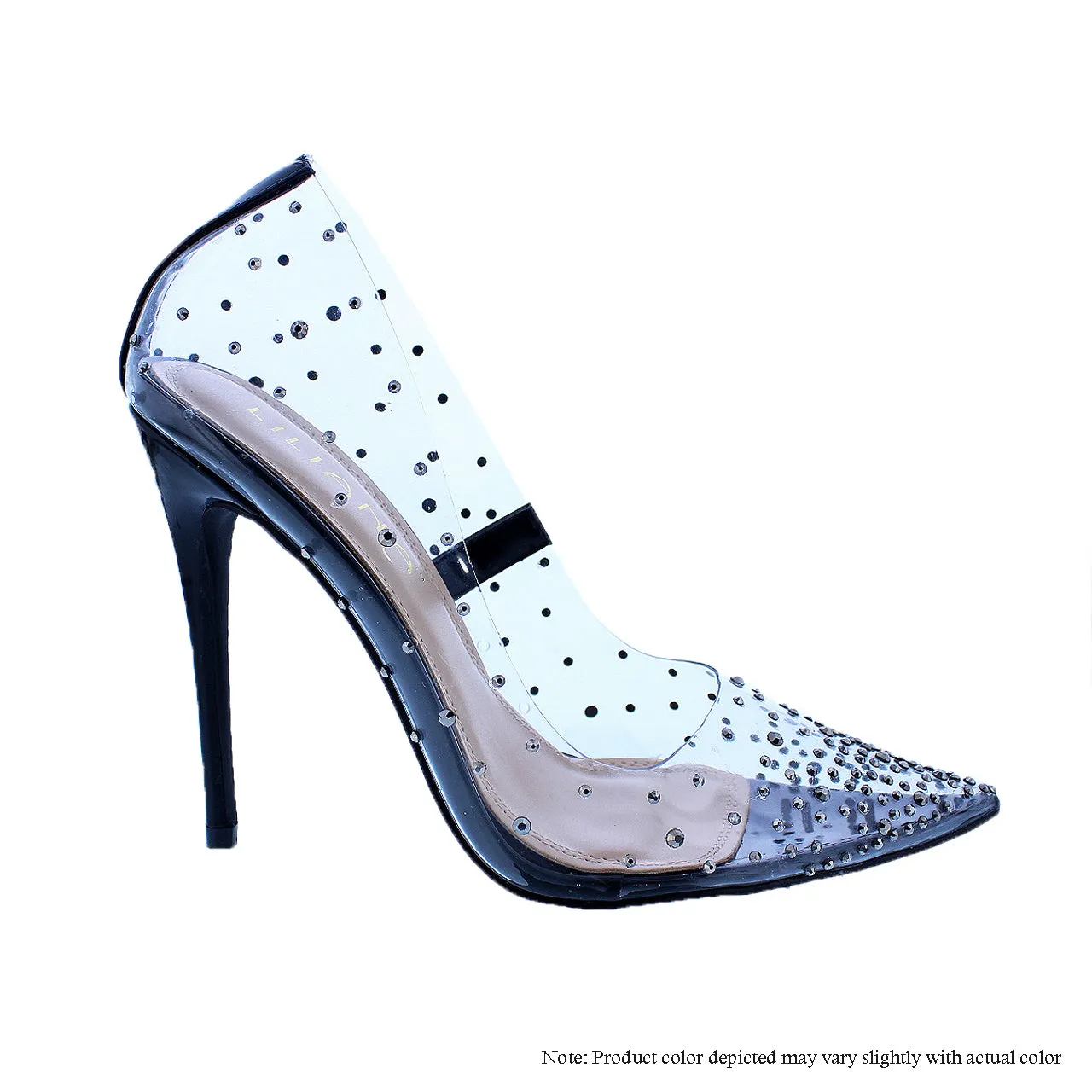 BADASS-1 POINTY PUMP/CLEAR PVC& RHINESTONES - BLACK PU