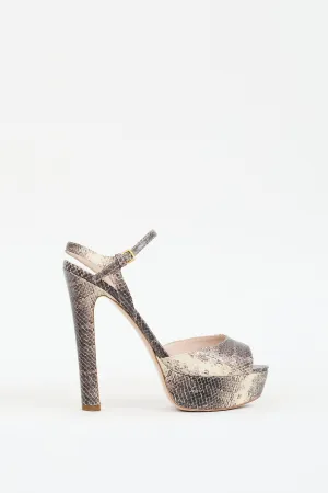 Beige & Grey Embossed Leather Platform  Heel