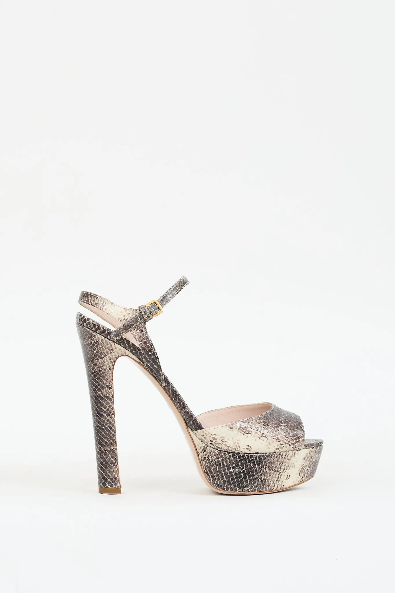 Beige & Grey Embossed Leather Platform  Heel