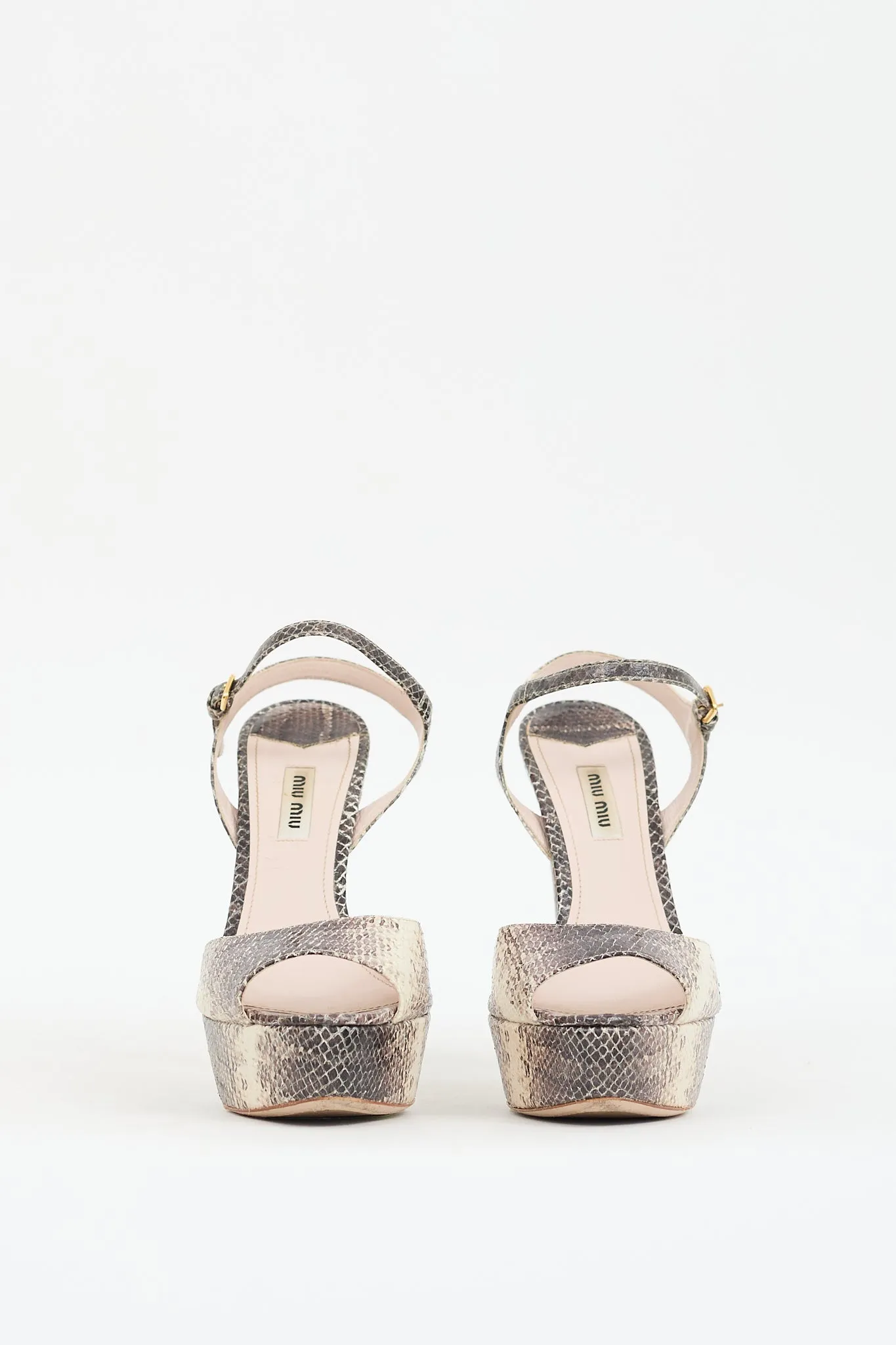 Beige & Grey Embossed Leather Platform  Heel