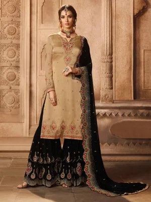 Beige And Black Embroidered Pakistani Style Gharara Suit