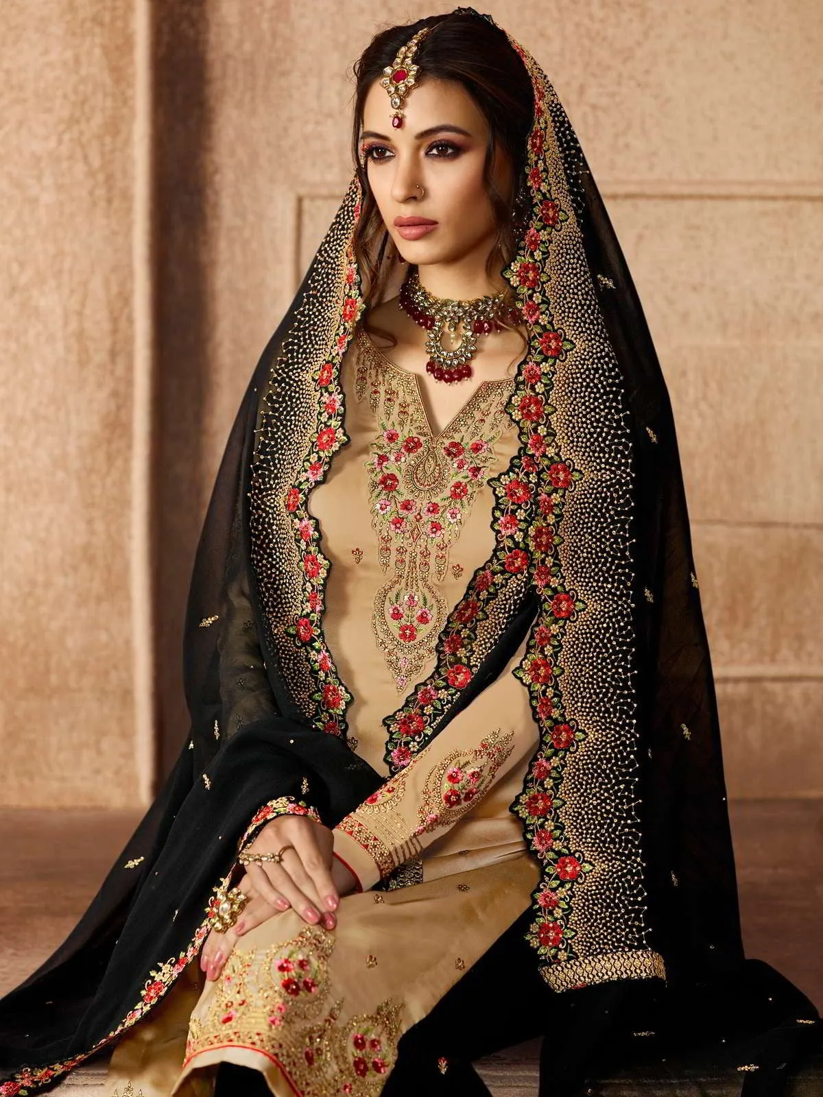Beige And Black Embroidered Pakistani Style Gharara Suit