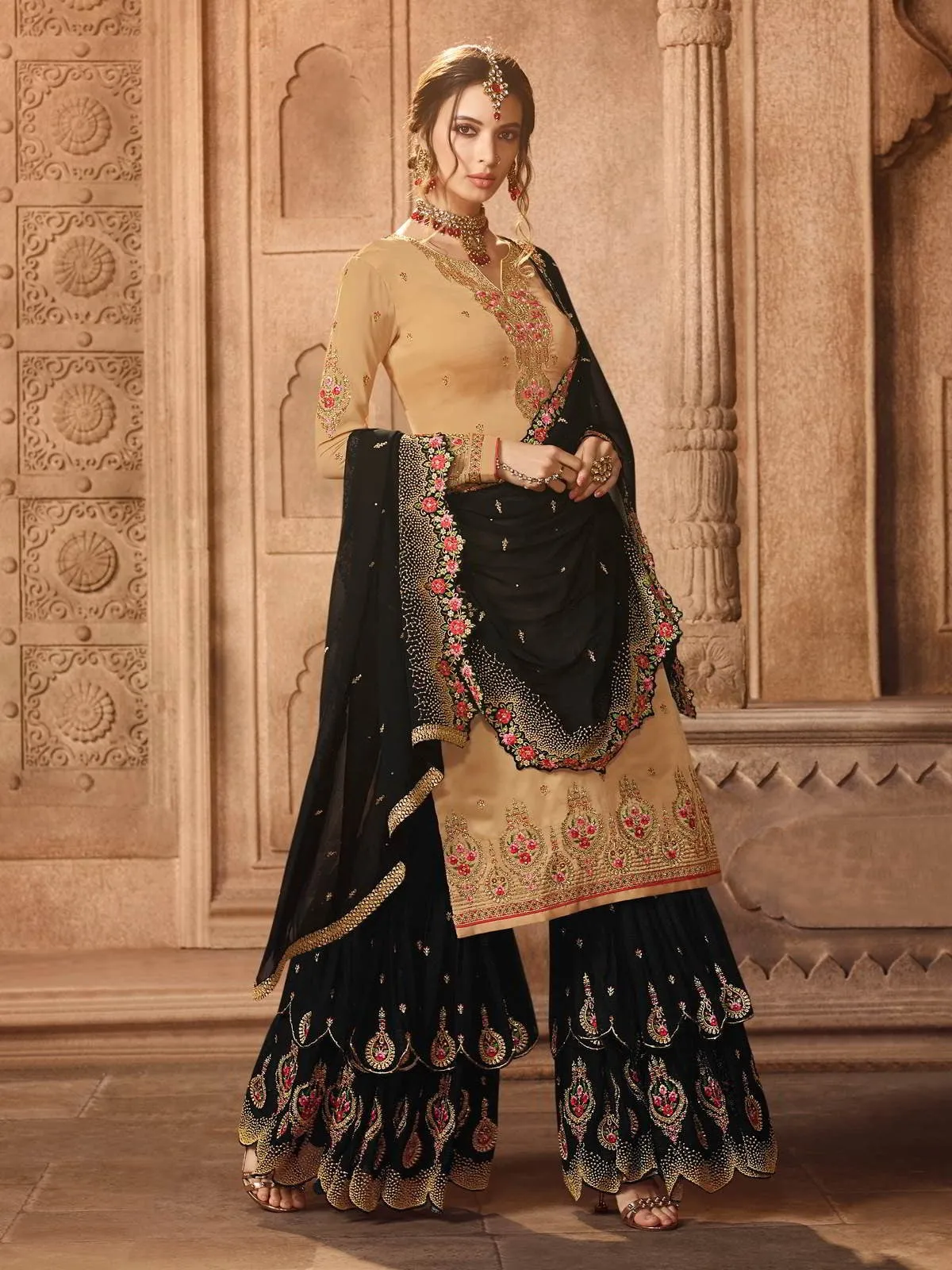 Beige And Black Embroidered Pakistani Style Gharara Suit