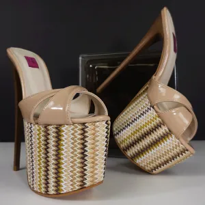 Beige Nude Gloss Ethnic Print High Heel Mules