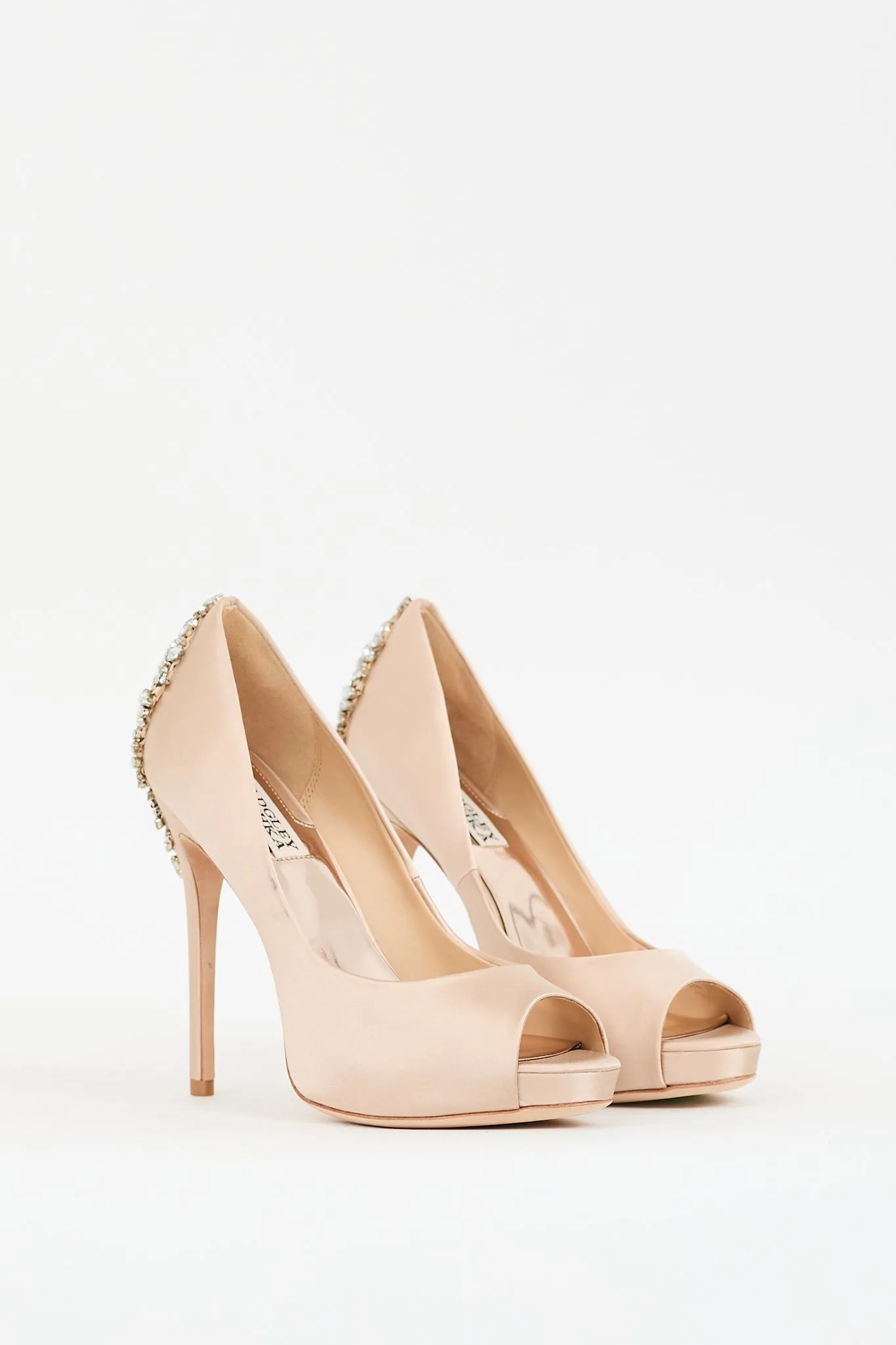 Beige Satin Embellished Peep Toe Heel