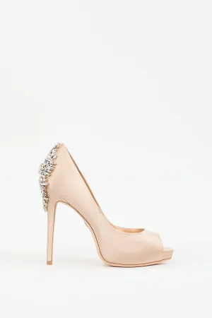 Beige Satin Embellished Peep Toe Heel