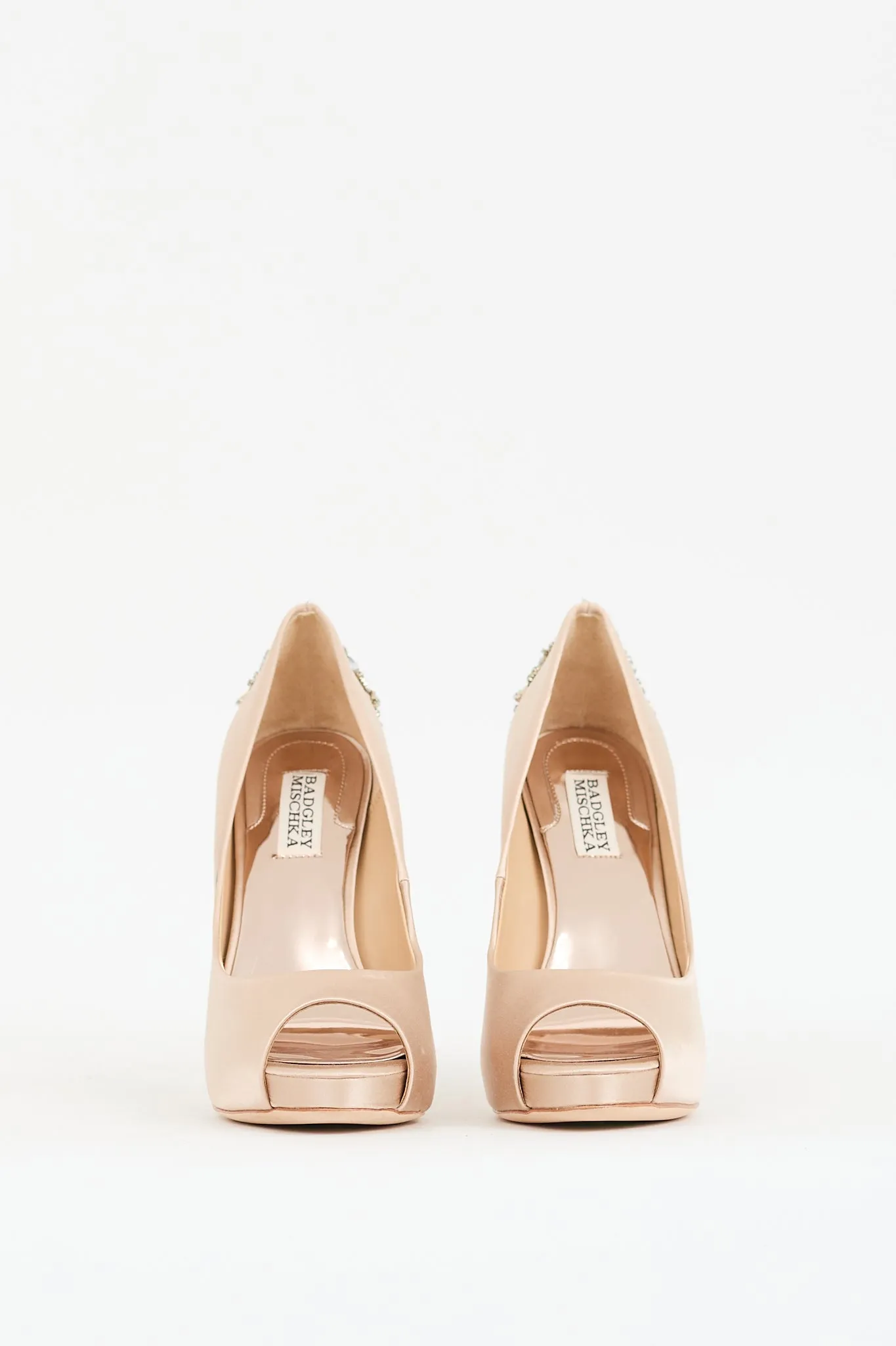Beige Satin Embellished Peep Toe Heel
