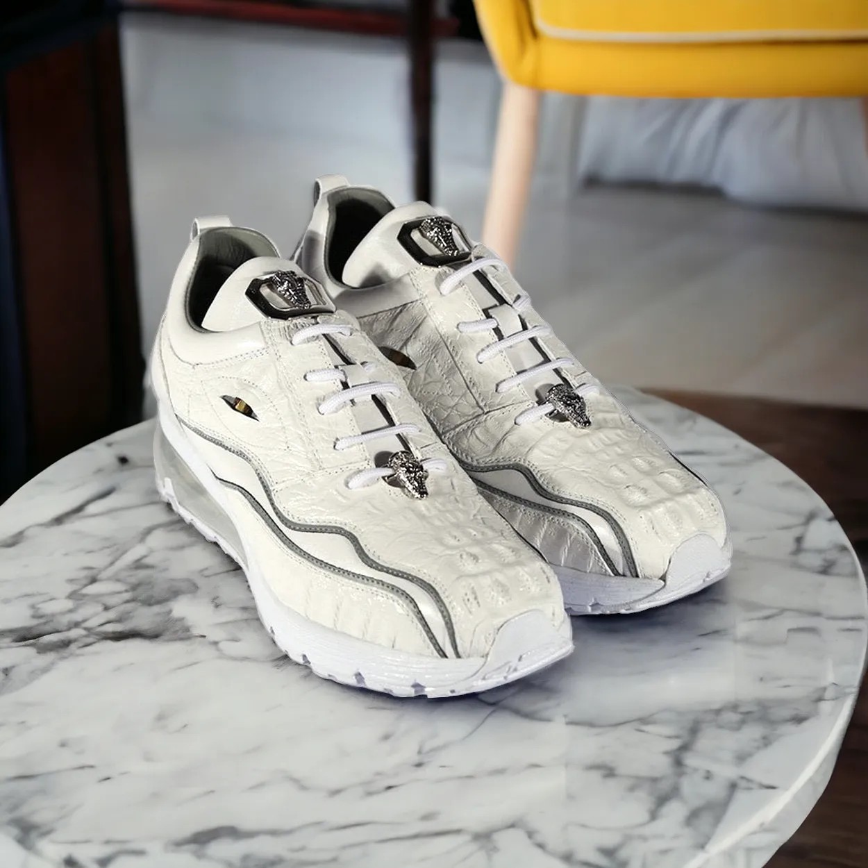 Belvedere E04 Rexy Men's Shoes White Exotic Crocodile / Calf-Skin Leather Eyes Casual Tennis Sneakers (BVS3032)
