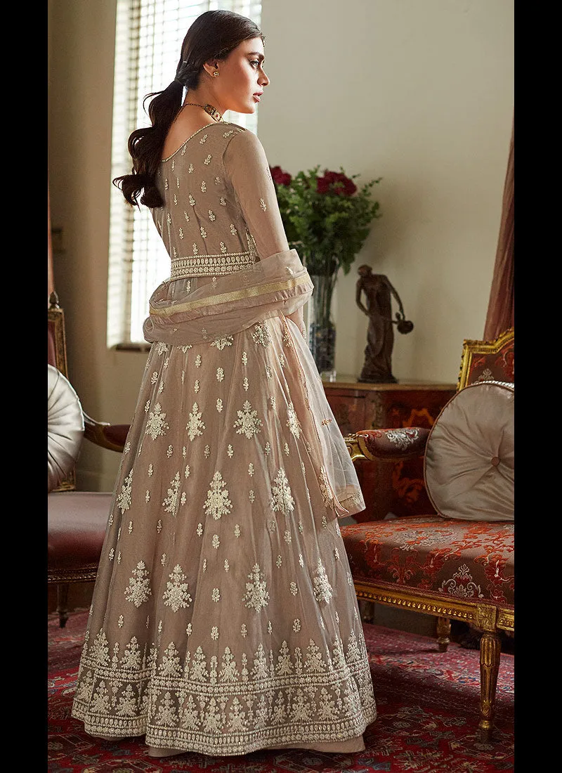 Biscuit Beige Embroidered Net Anarkali Lehenga Suit