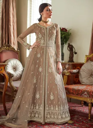 Biscuit Beige Embroidered Net Anarkali Lehenga Suit