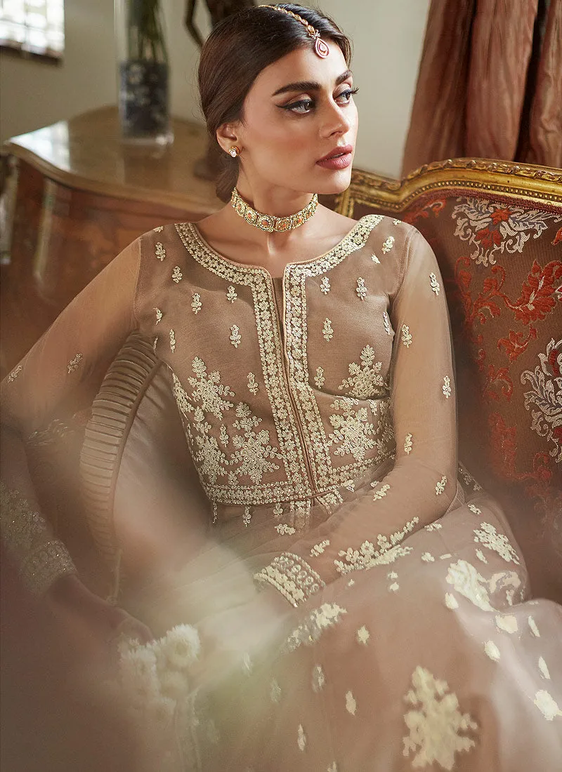 Biscuit Beige Embroidered Net Anarkali Lehenga Suit