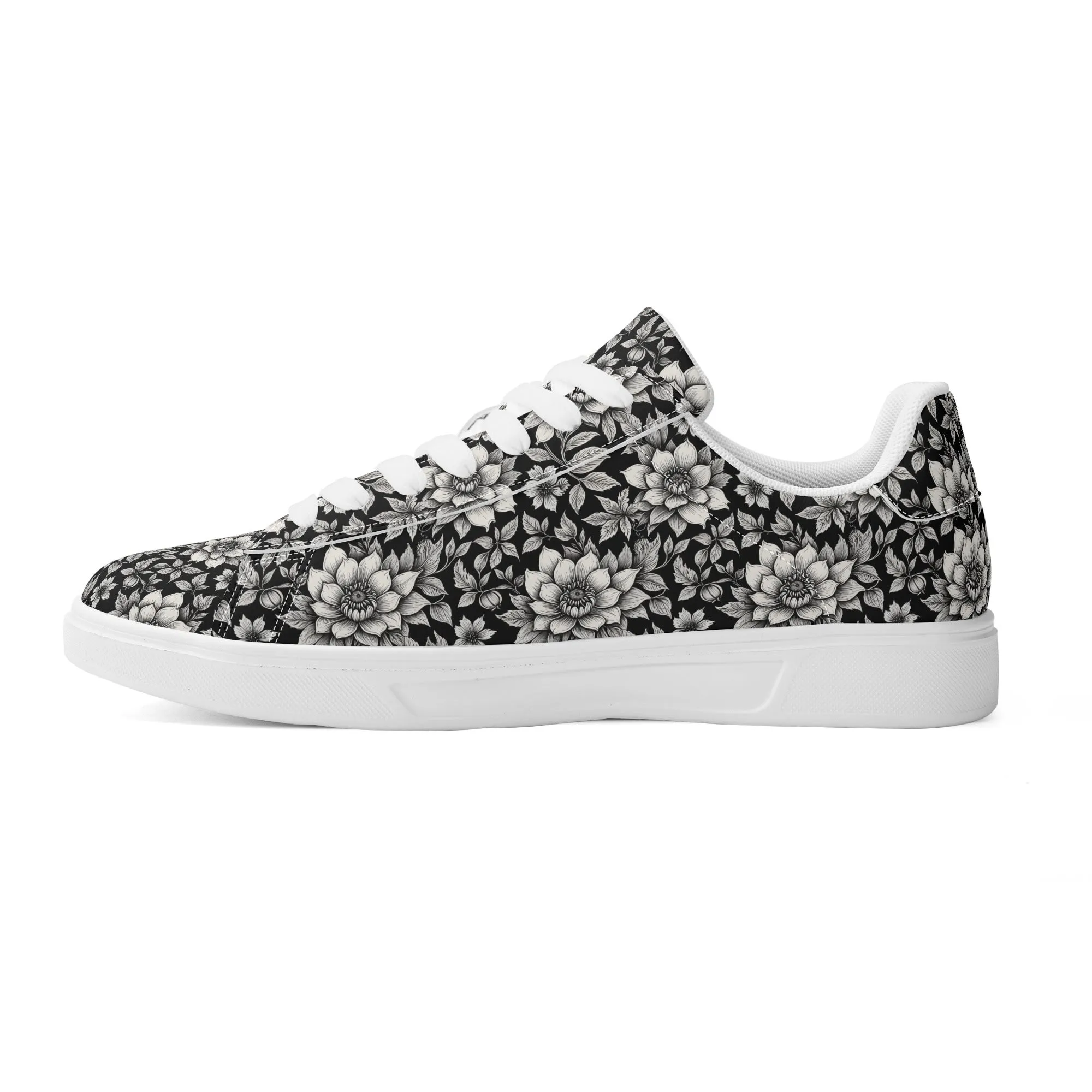 Black and White Bloom Adult Lightweight Brand Low Top Leather Shoes