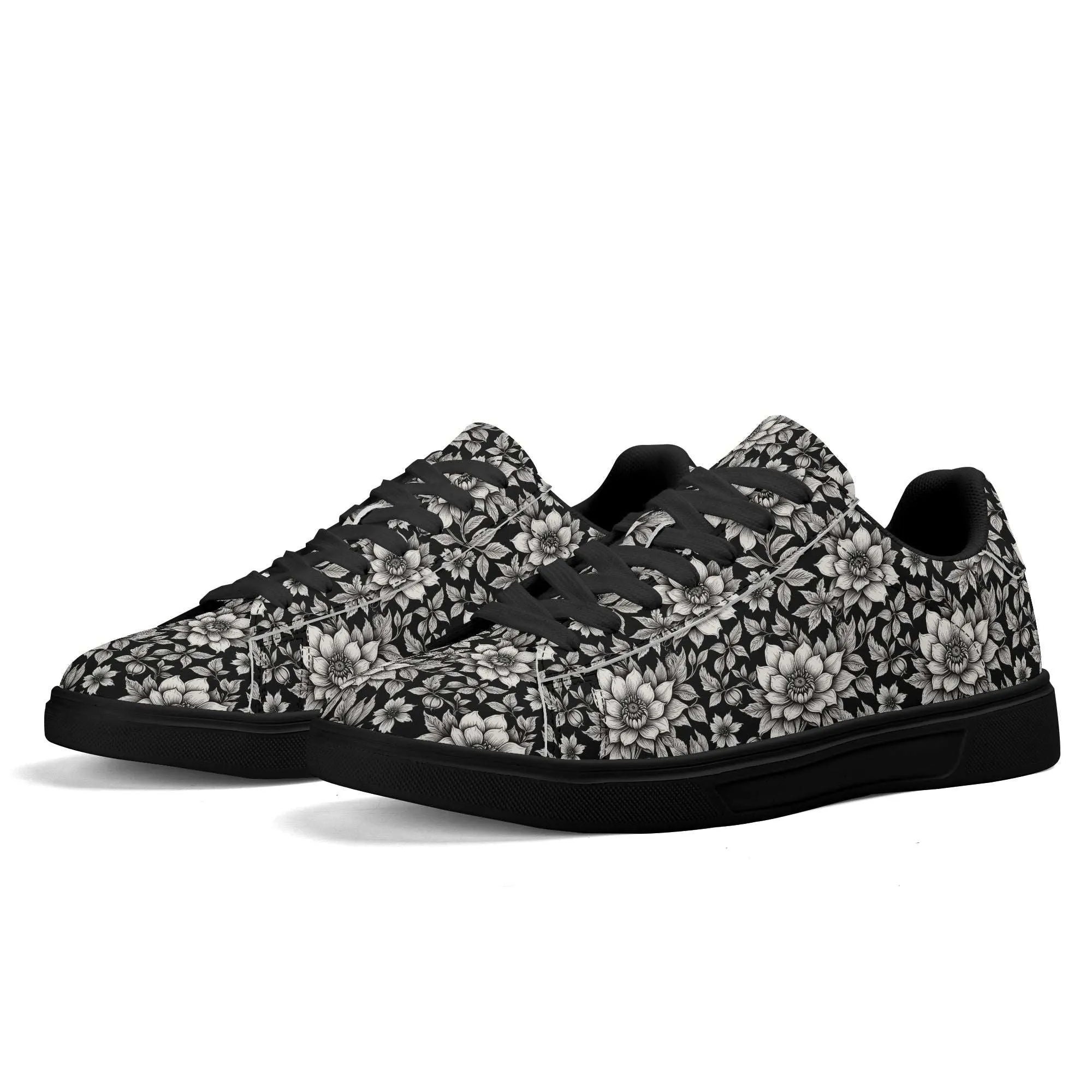 Black and White Bloom Adult Lightweight Brand Low Top Leather Shoes