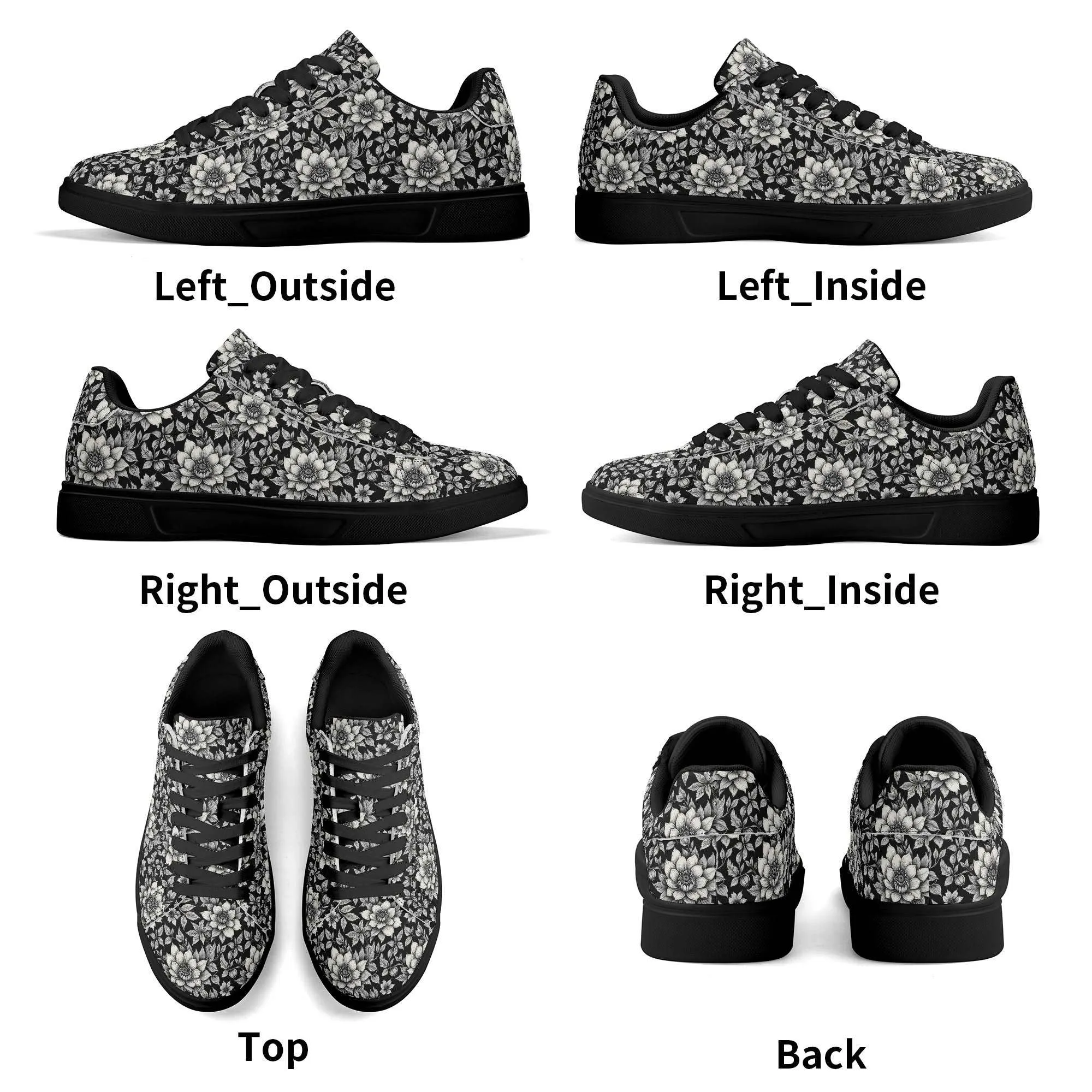Black and White Bloom Adult Lightweight Brand Low Top Leather Shoes