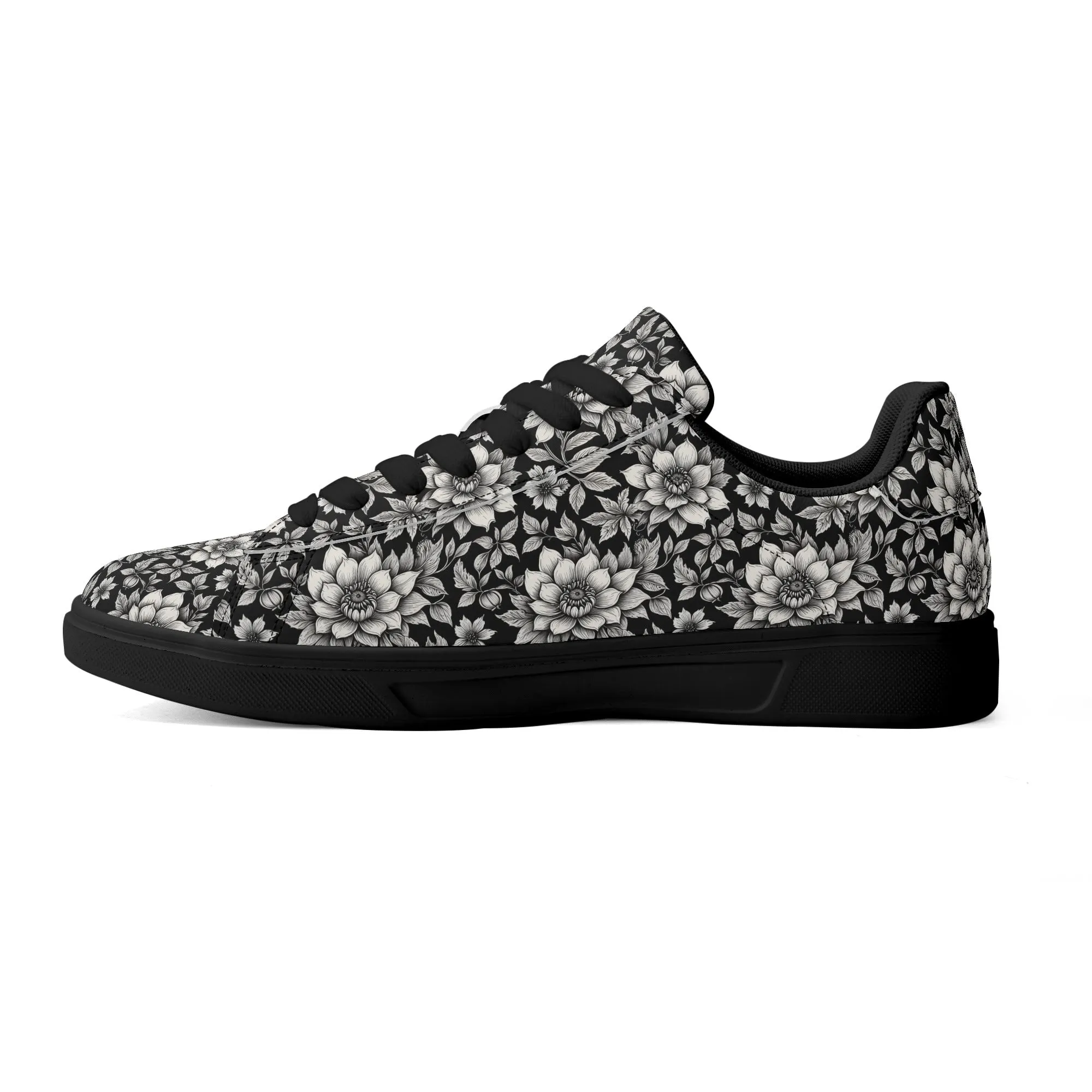 Black and White Bloom Adult Lightweight Brand Low Top Leather Shoes