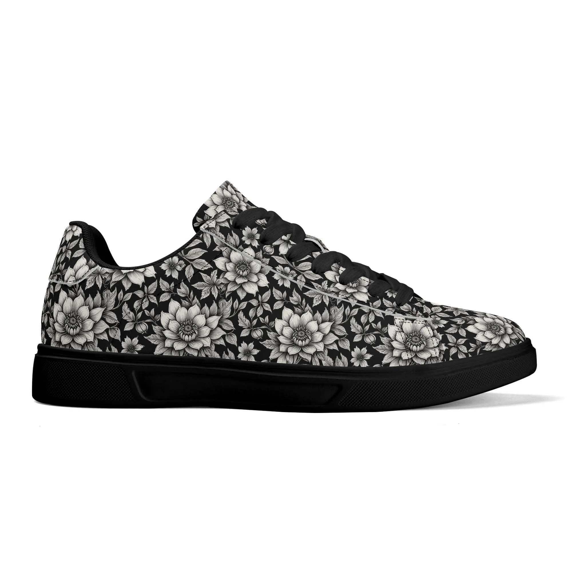 Black and White Bloom Adult Lightweight Brand Low Top Leather Shoes