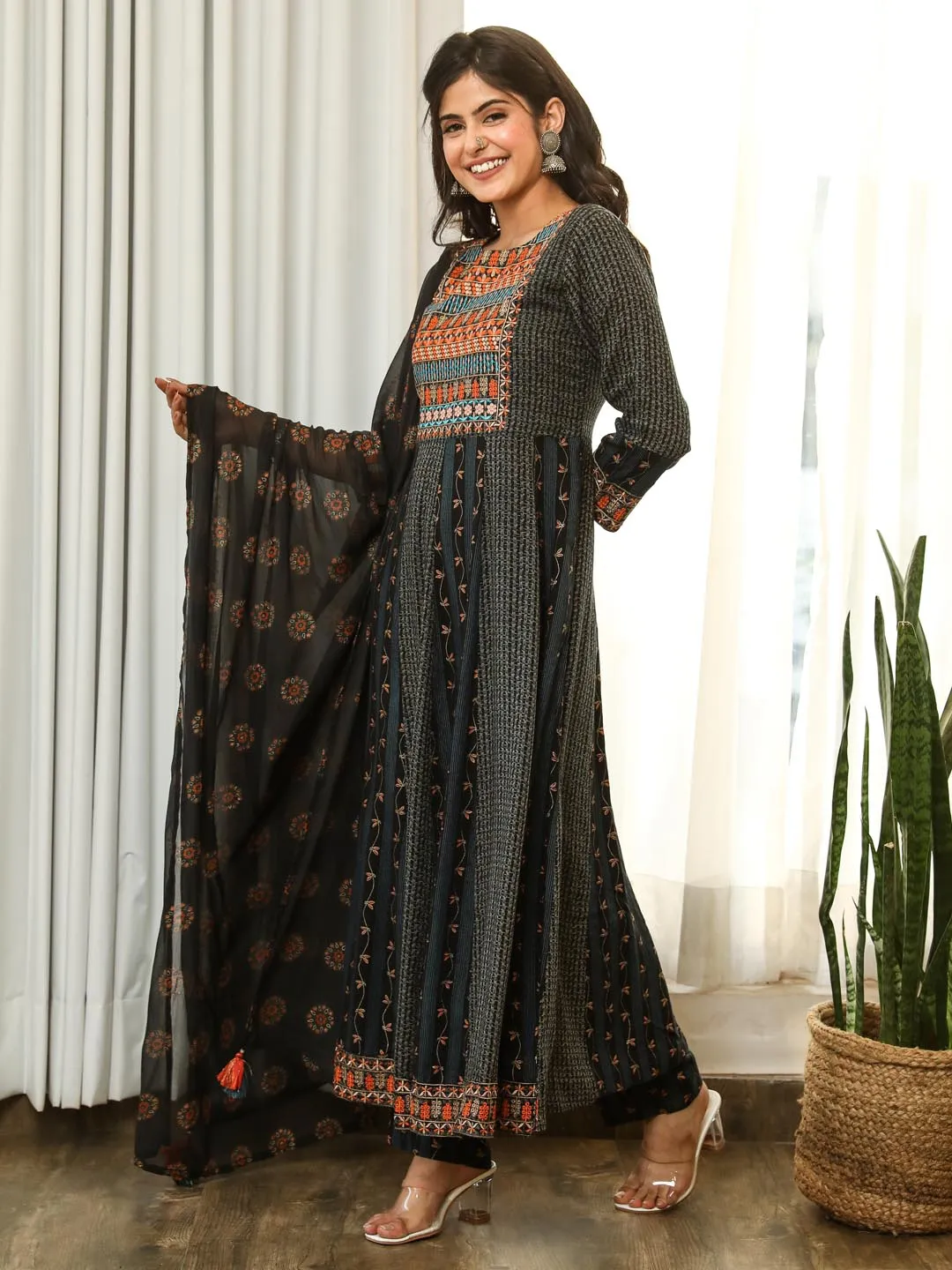 Black Embellished Kurta With Palazzo & Dupatta Set