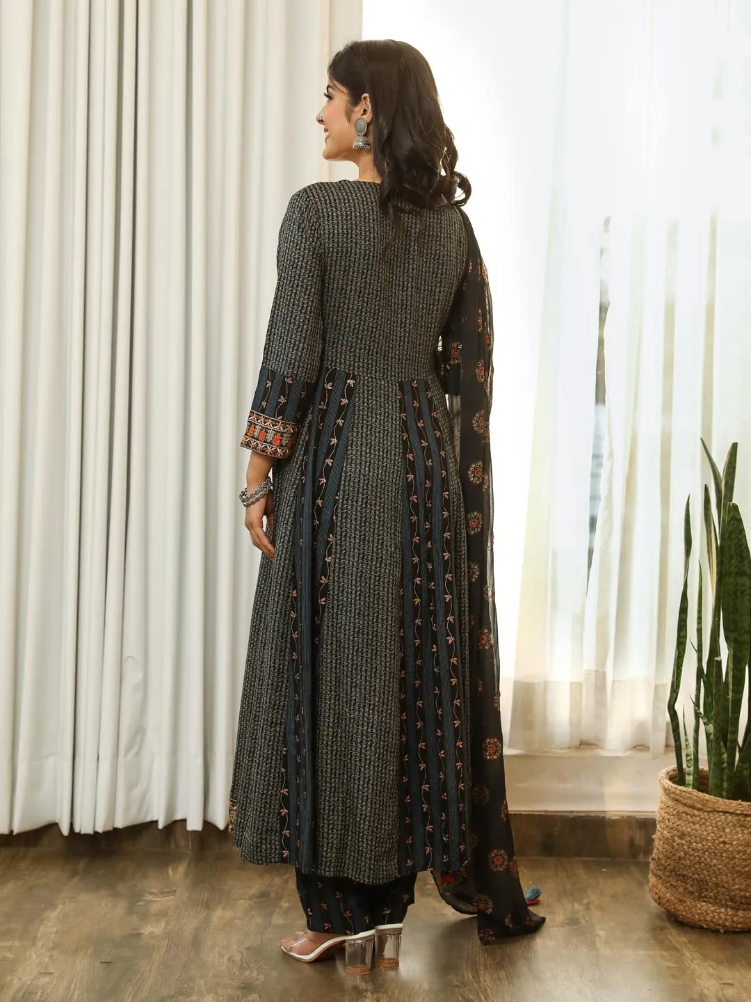 Black Embellished Kurta With Palazzo & Dupatta Set