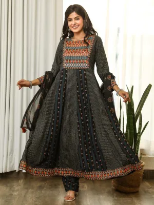 Black Embellished Kurta With Palazzo & Dupatta Set