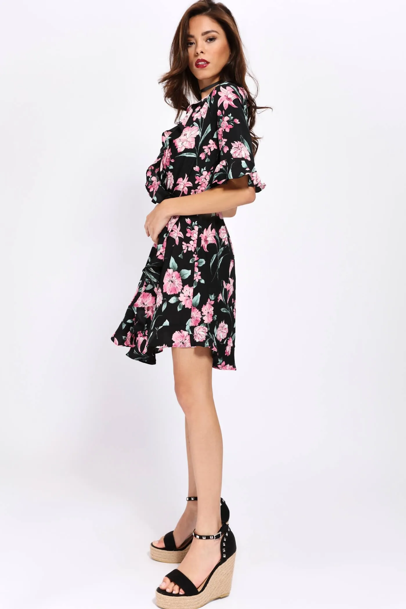 Black Floral Frill Dress