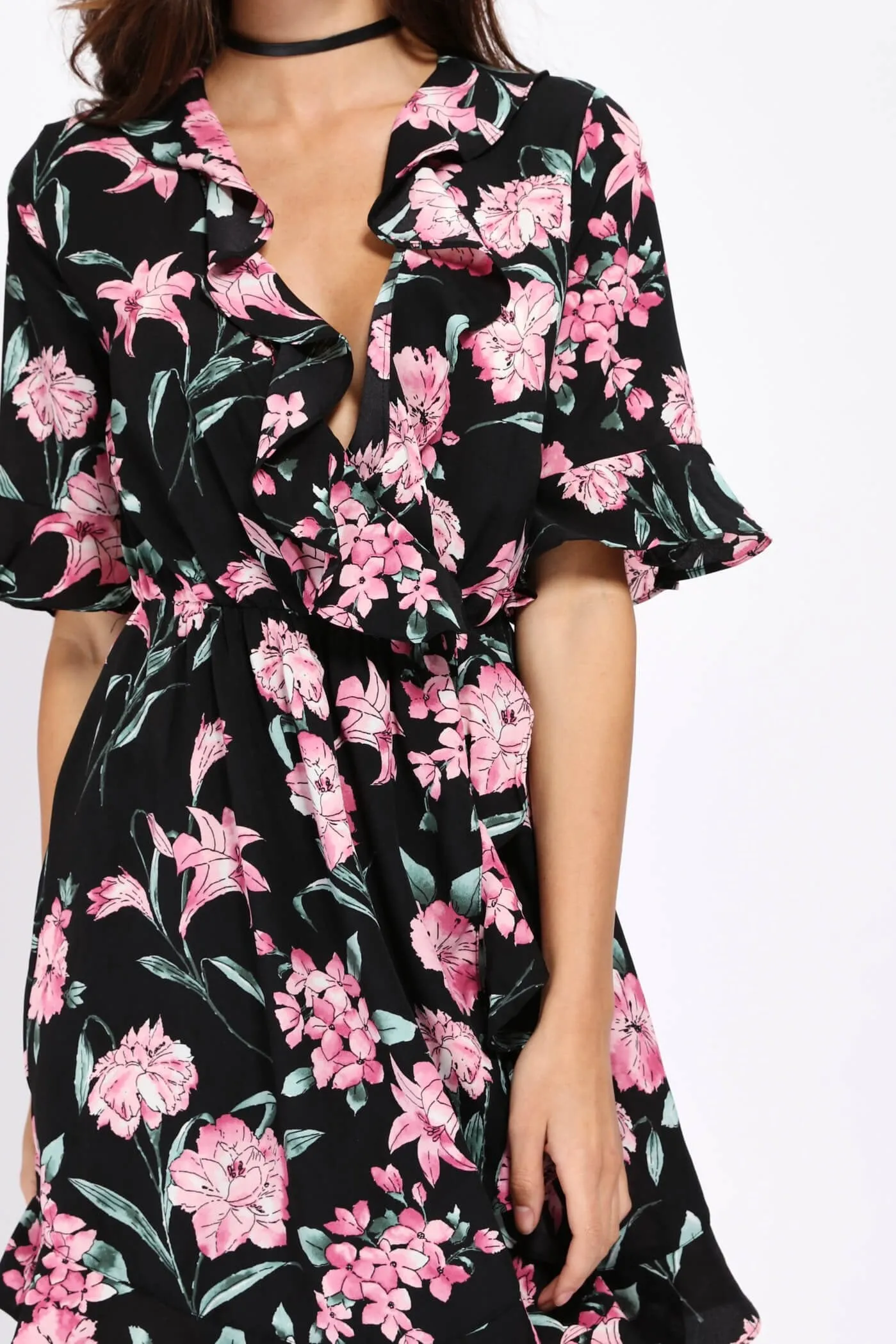 Black Floral Frill Dress