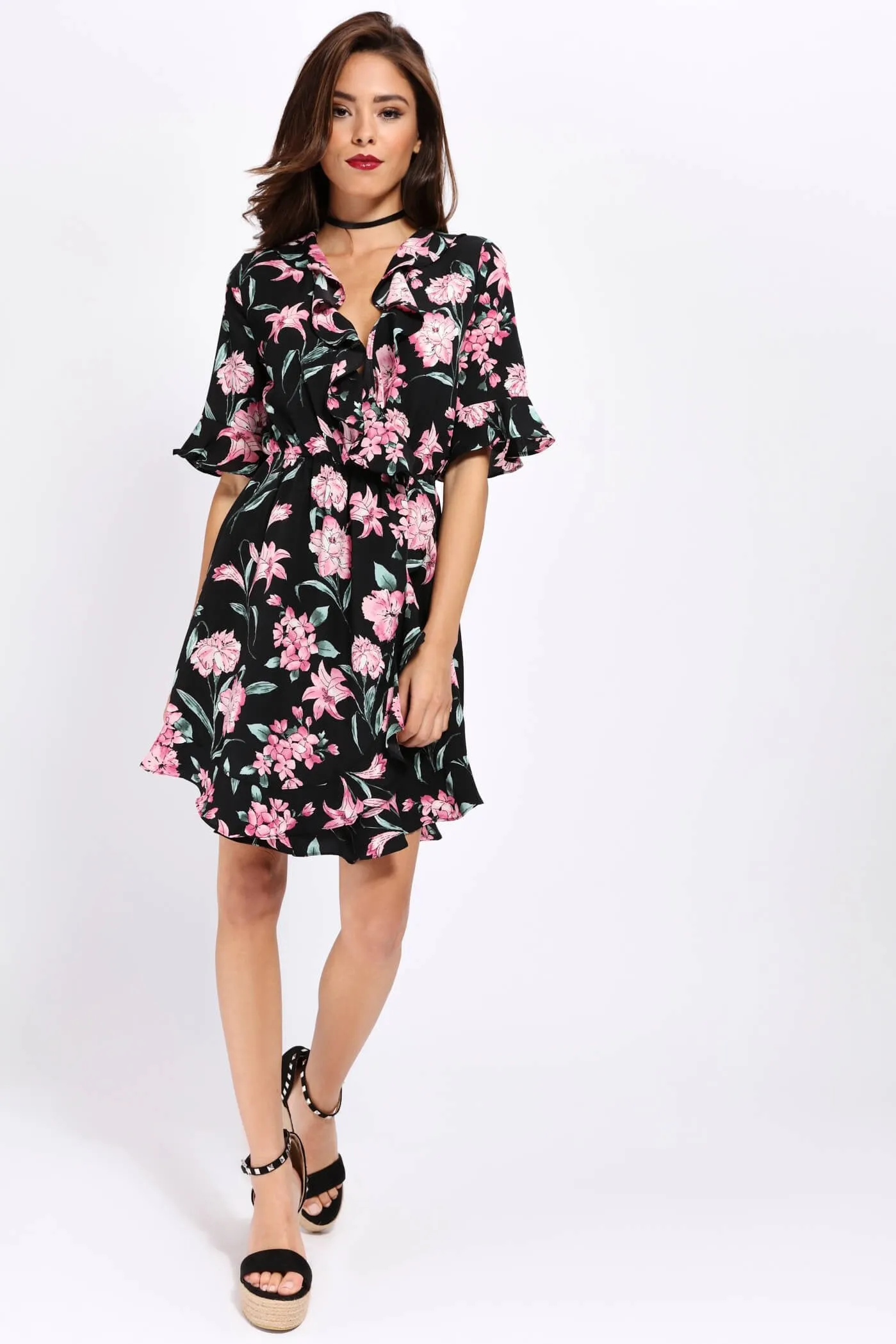 Black Floral Frill Dress