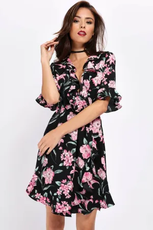 Black Floral Frill Dress