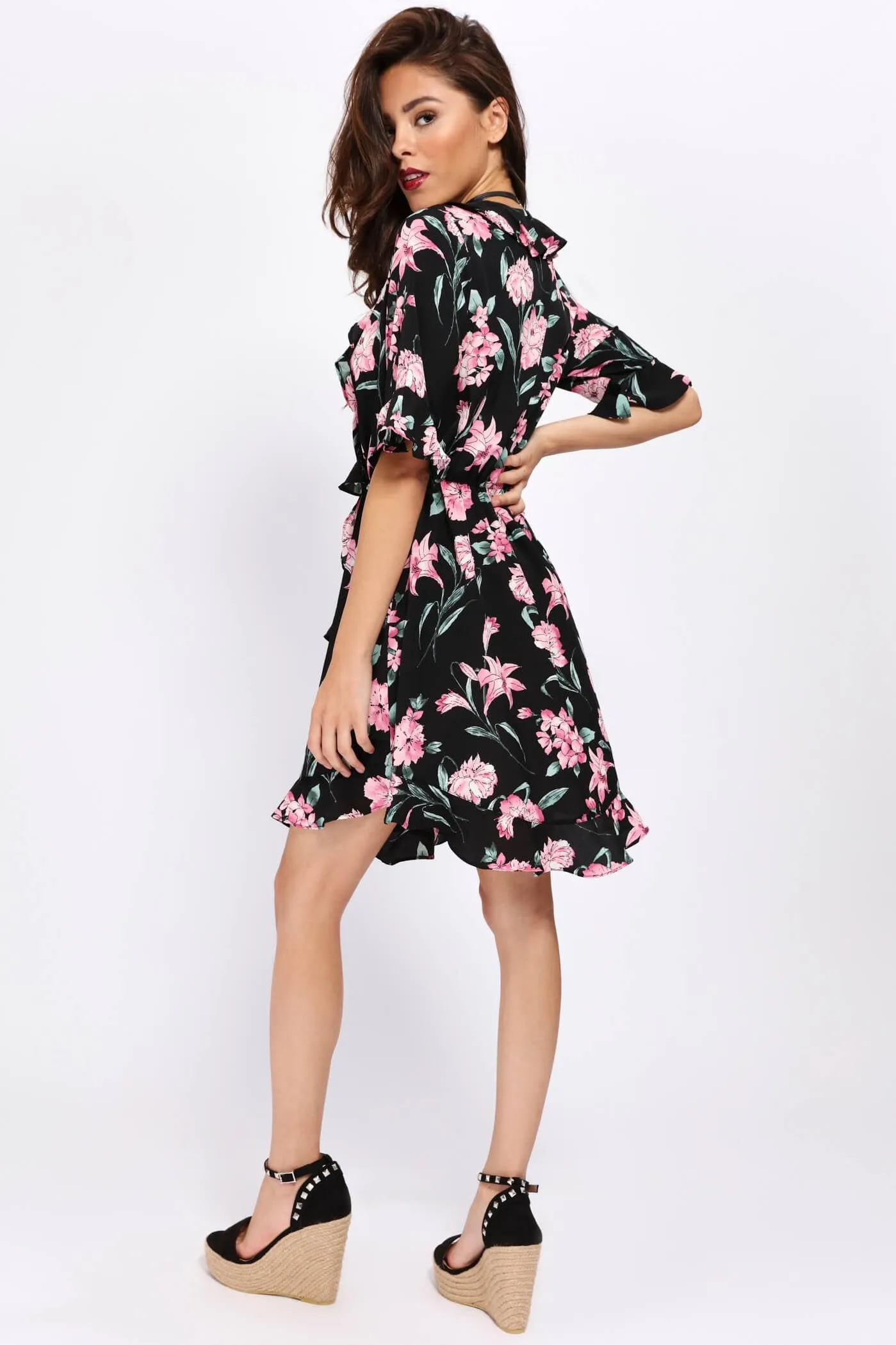 Black Floral Frill Dress