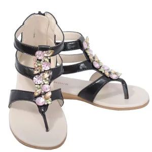 Black Jeweled Gladiator T Strap Sandal Little Girl 11-4