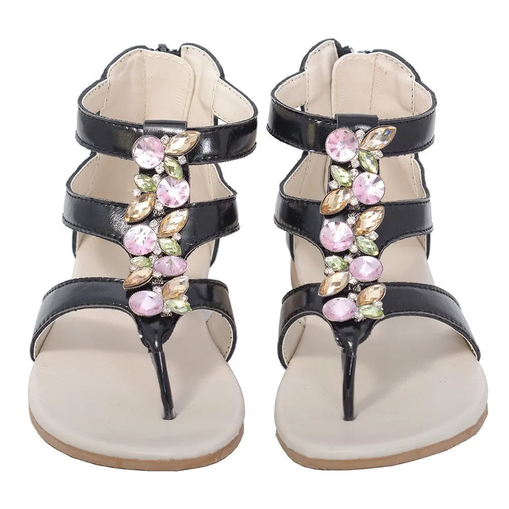 Black Jeweled Gladiator T Strap Sandal Little Girl 11-4
