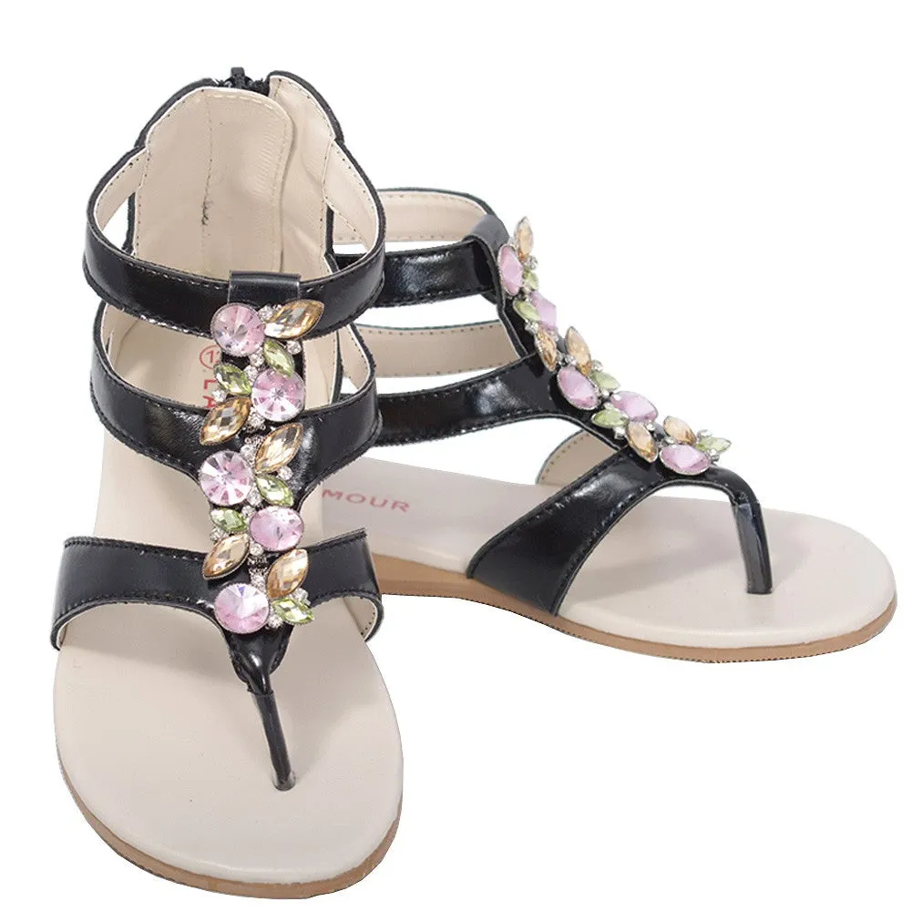 Black Jeweled Gladiator T Strap Sandal Little Girl 11-4