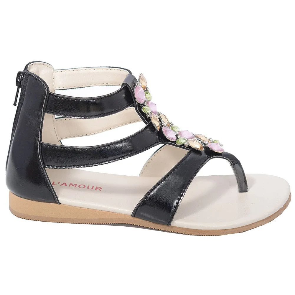 Black Jeweled Gladiator T Strap Sandal Little Girl 11-4