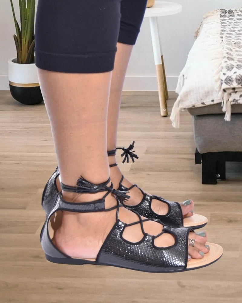 Black Lace Up Gladiator Sandals