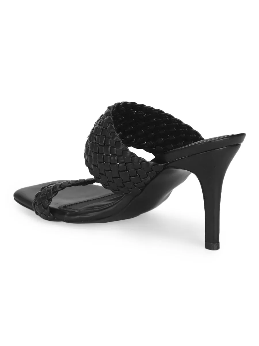 Black PU High Heel Braided Mules