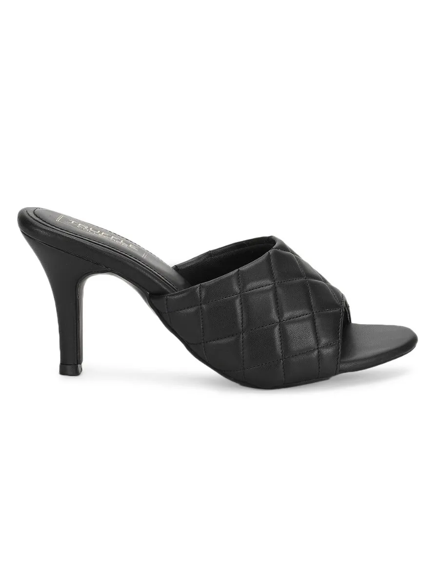 Black PU Quilted High Heel Mules