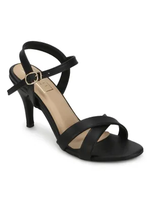 Black PU Round Toe Stilettos With Ankle Strap