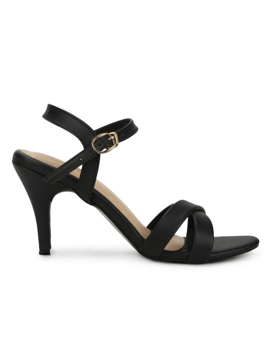 Black PU Round Toe Stilettos With Ankle Strap