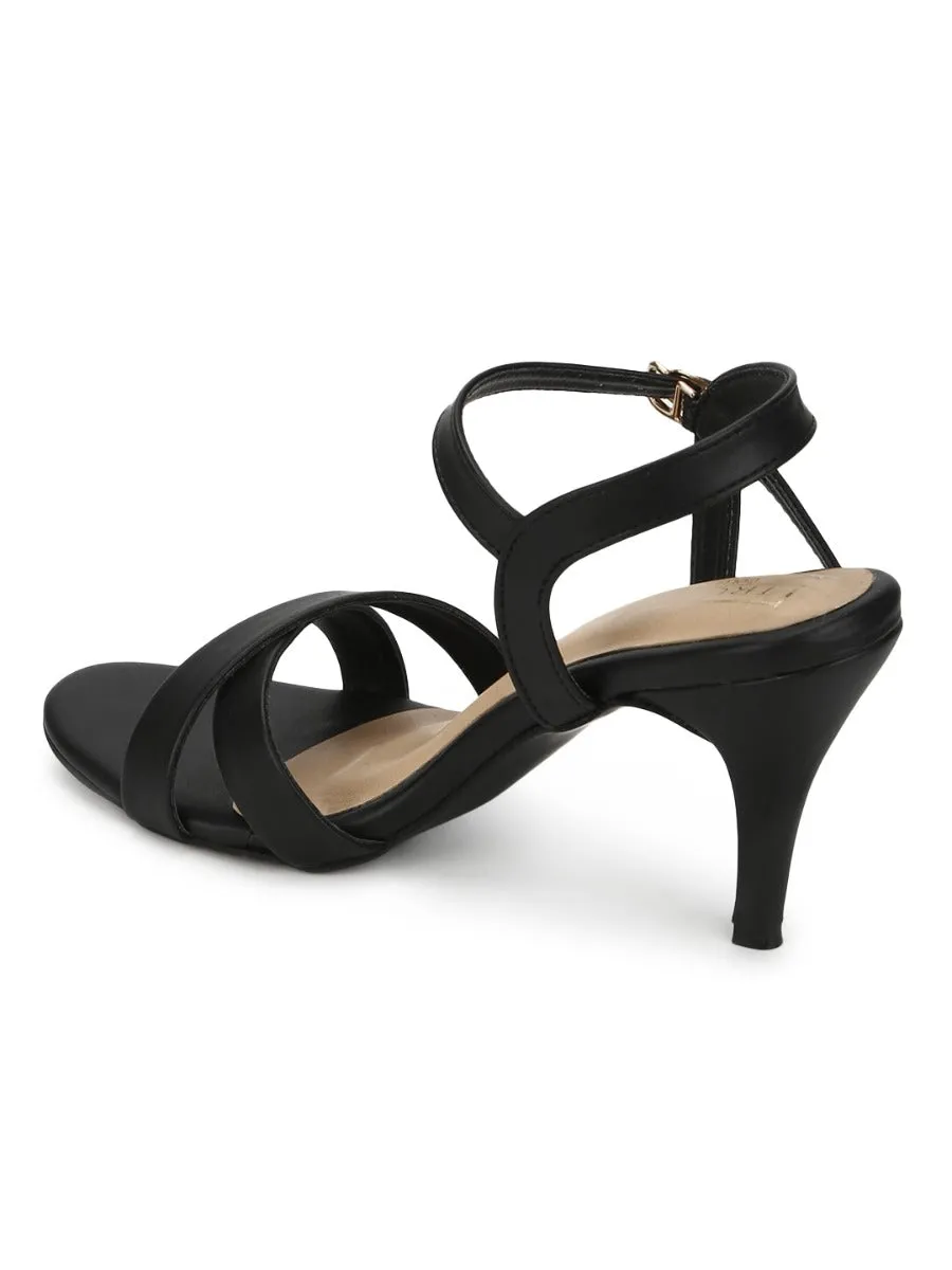 Black PU Round Toe Stilettos With Ankle Strap