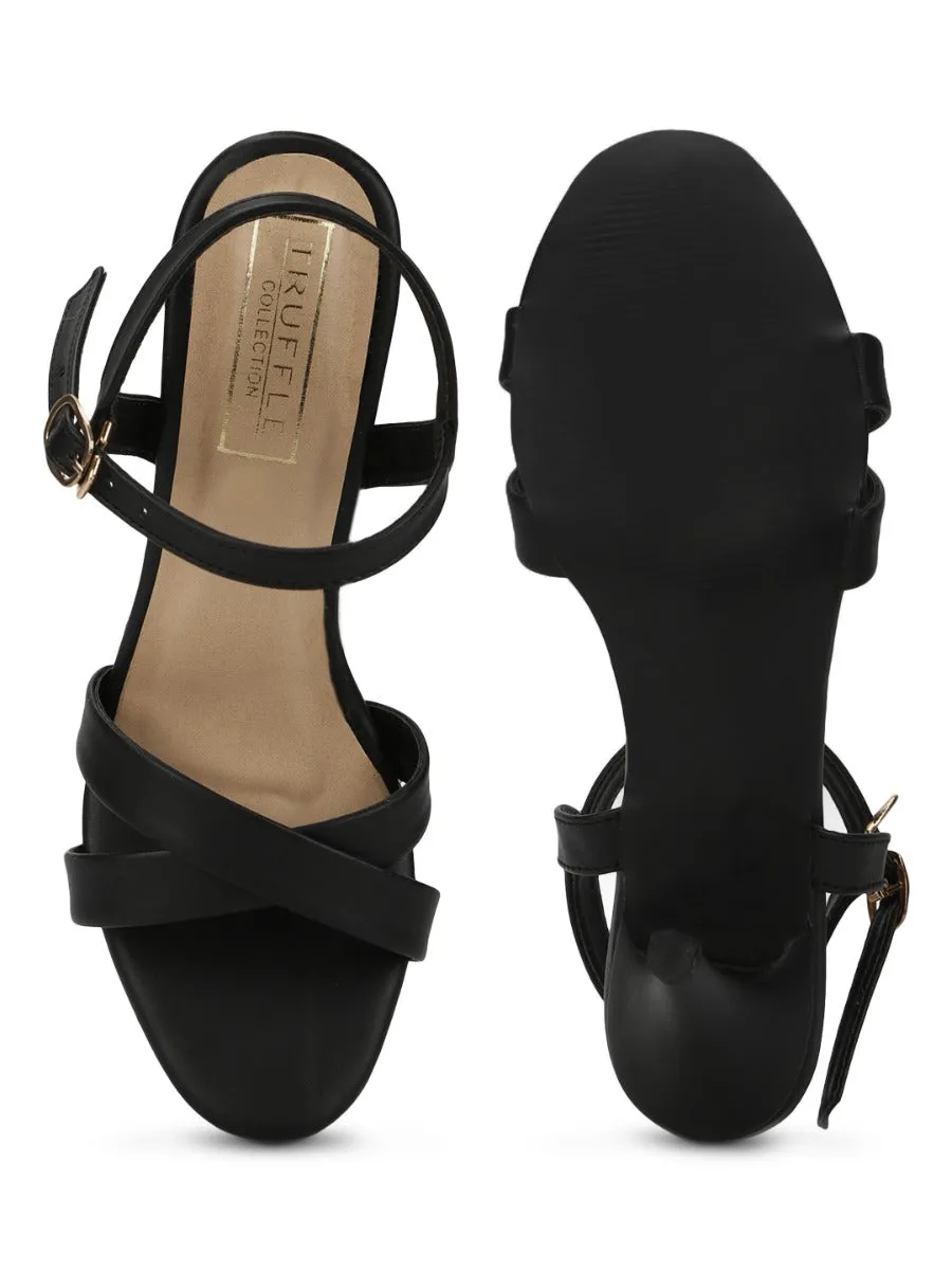 Black PU Round Toe Stilettos With Ankle Strap