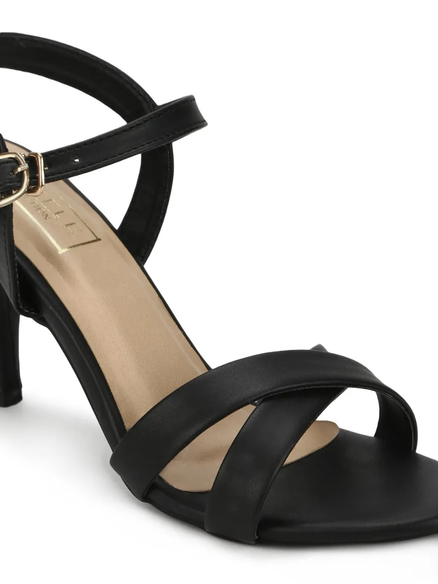 Black PU Round Toe Stilettos With Ankle Strap